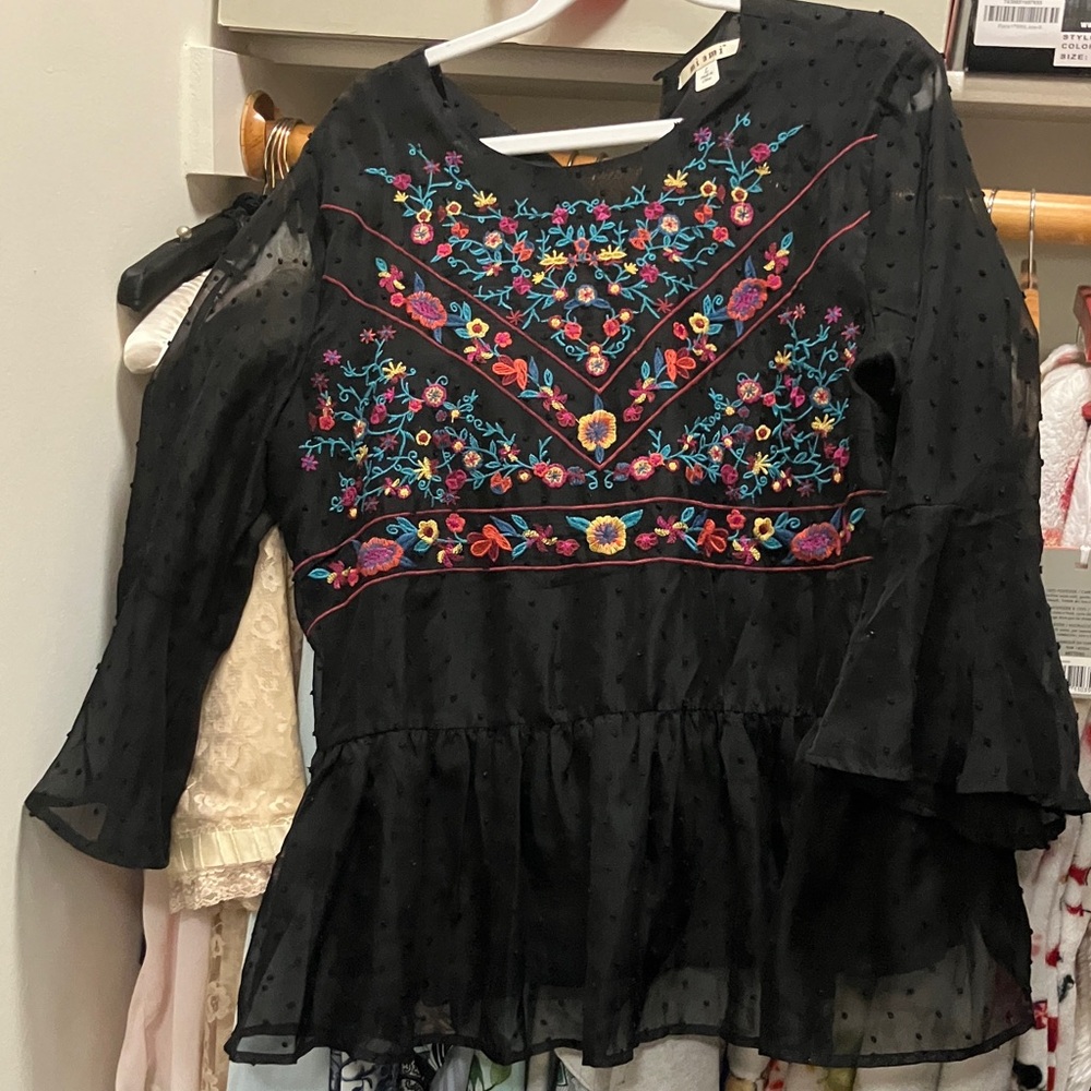 Miami Black Sheer Blouse with Colorful Embroidery